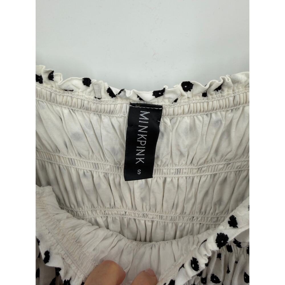 MINKPINK Tidal White Black Polka Dot Smocked Puff Sleeve Mini Dress Size Small - Picture 4 of 7